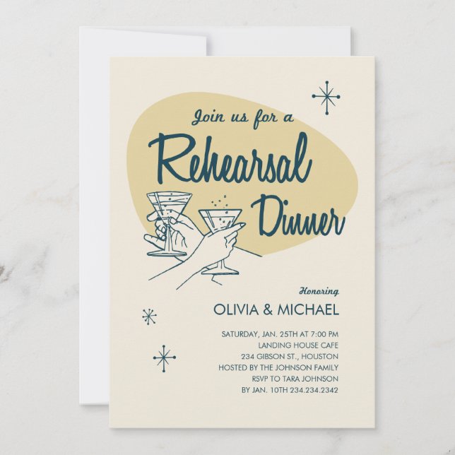 Invitaciones a la cena de ensayo Boda retro (Anverso)