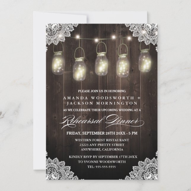 Invitaciones a la cena de ensayo de Barn Wood Lace (Anverso)