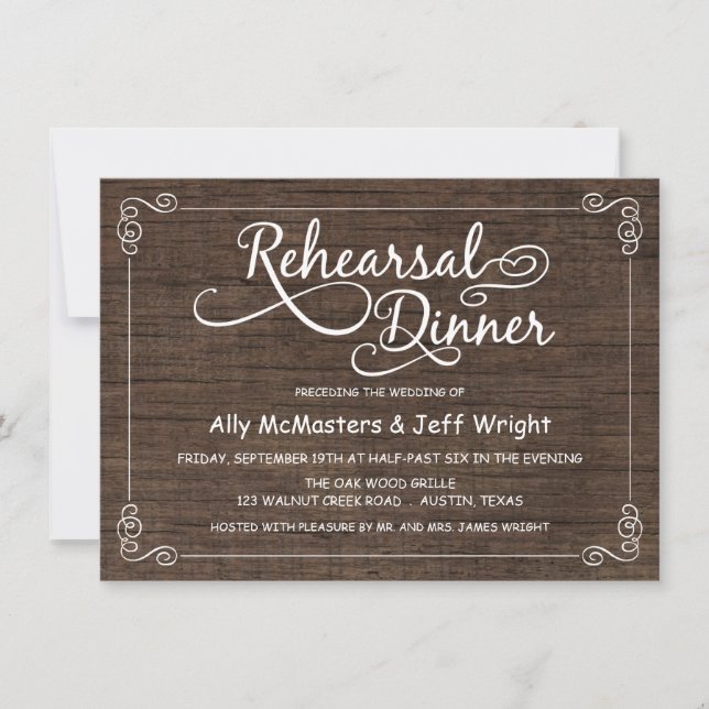 Invitaciones a la cena de ensayo de madera rústica (Anverso)