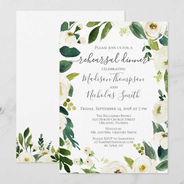 Invitaciones a la cena de ensayo de Wreath de flor (Anverso / Reverso)