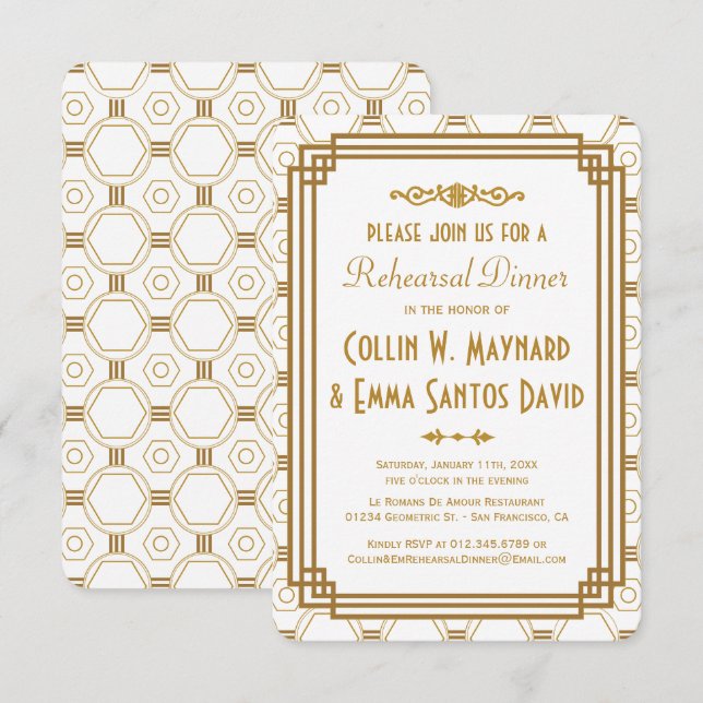 Invitaciones a la cena de ensayo en blanco Art Dec (Anverso / Reverso)