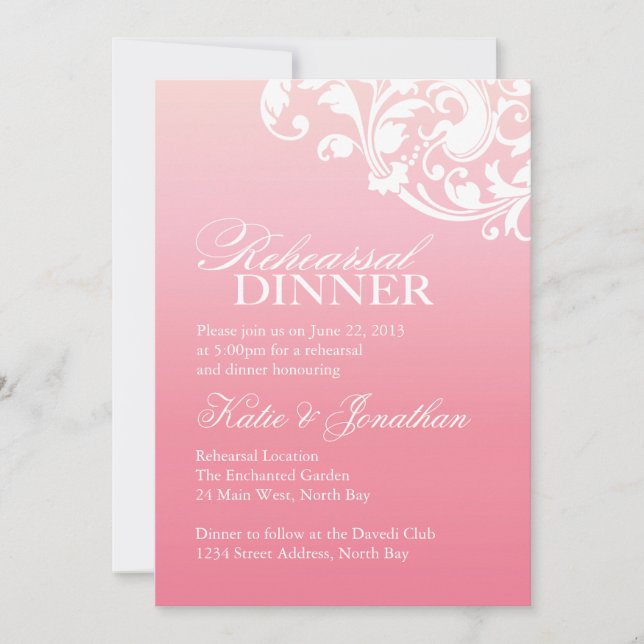 Invitaciones a la cena de ensayo en tonos rosas (Anverso)