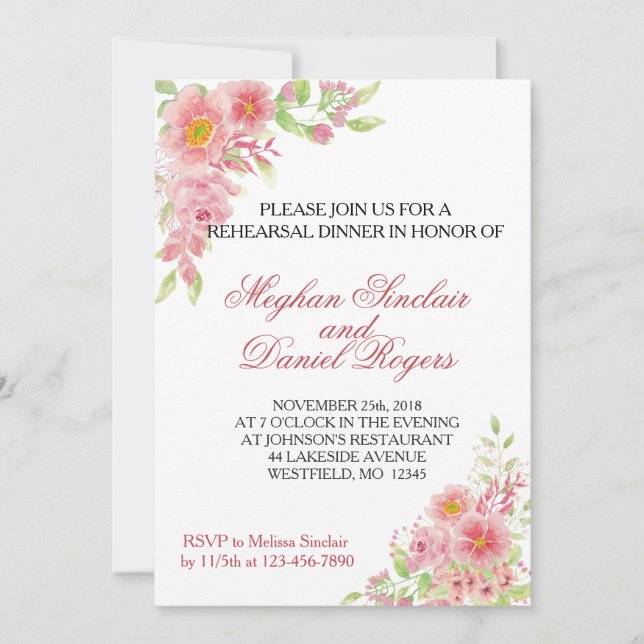Invitaciones a la cena de ensayo floral rosa acuar (Anverso)