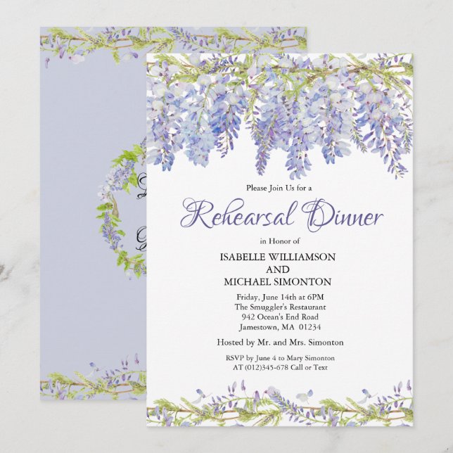 Invitaciones a la cena de ensayo morado floral (Anverso / Reverso)