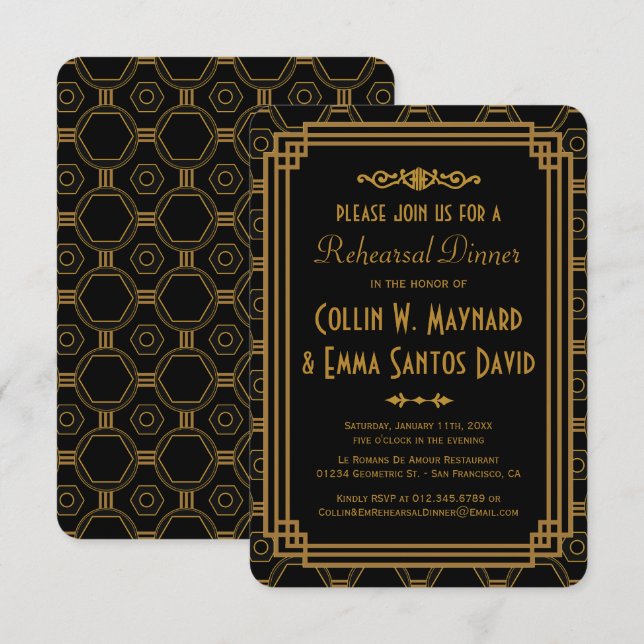 Invitaciones a la cena de ensayo negro Art Deco (Anverso / Reverso)
