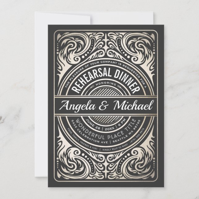 Invitaciones a la cena de ensayo Negro y Relieve m (Anverso)