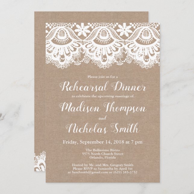 Invitaciones a la cena de los ensayos de Burlap y  (Anverso / Reverso)