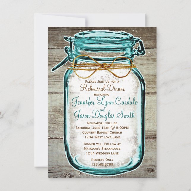 Invitaciones a la cena de Mason Jar Rustic Wood (Anverso)
