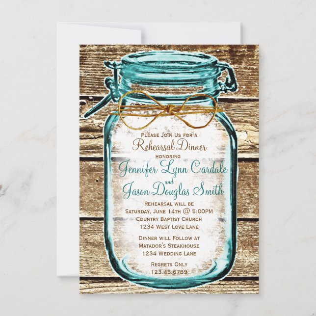 Invitaciones a la cena de Mason Jar Rustic Wood (Anverso)