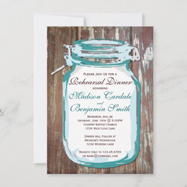 Invitaciones a la cena de Mason Jar Rustic Wood (Anverso)