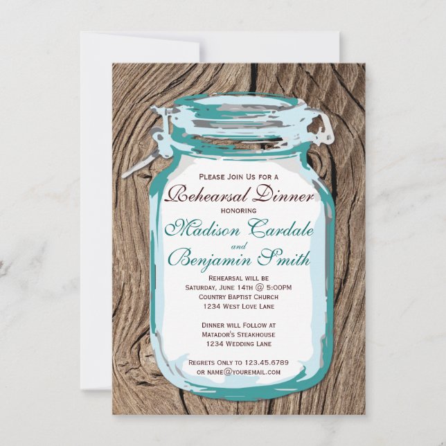 Invitaciones a la cena de Mason Jar Rustic Wood (Anverso)