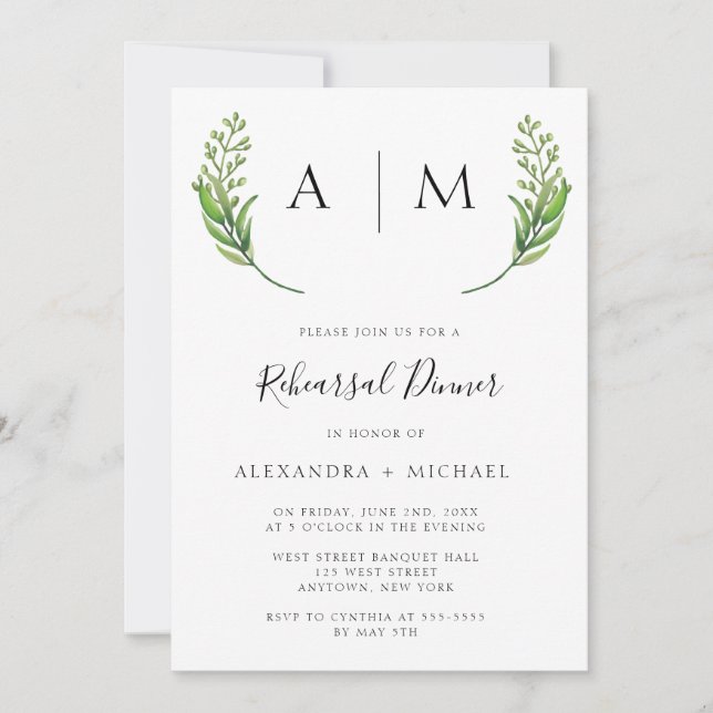 Invitaciones a la cena de Monograma Greenery (Anverso)