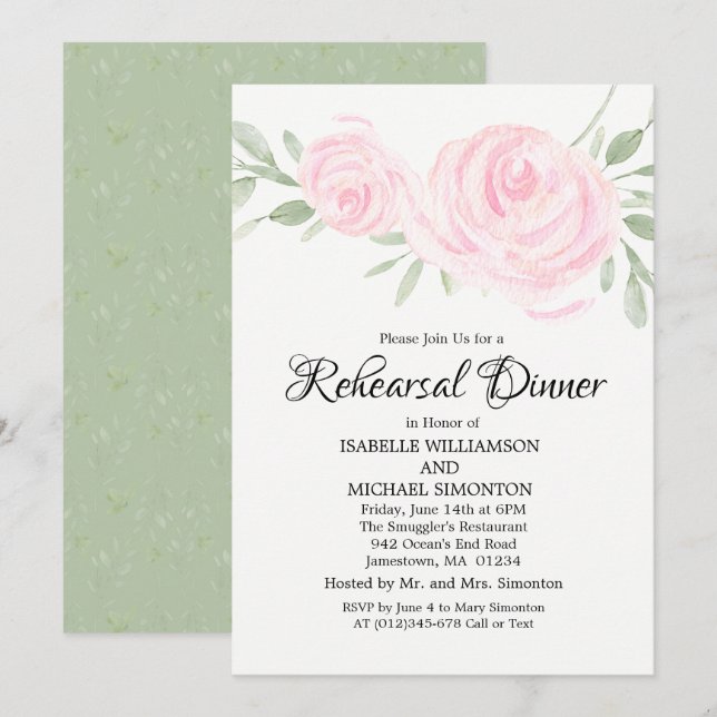 Invitaciones a la cena de Rubor Pink Roses (Anverso / Reverso)
