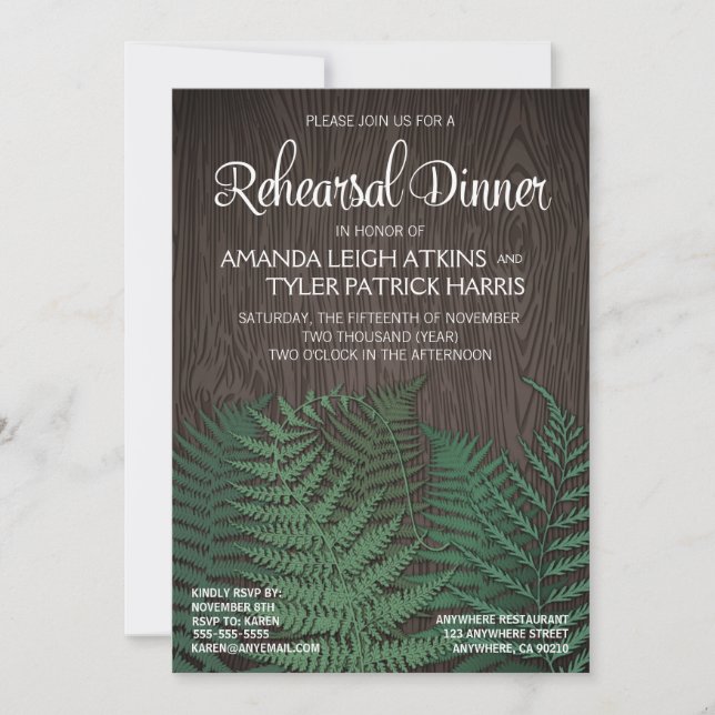 Invitaciones a la cena de un Boda de fern rústico (Anverso)