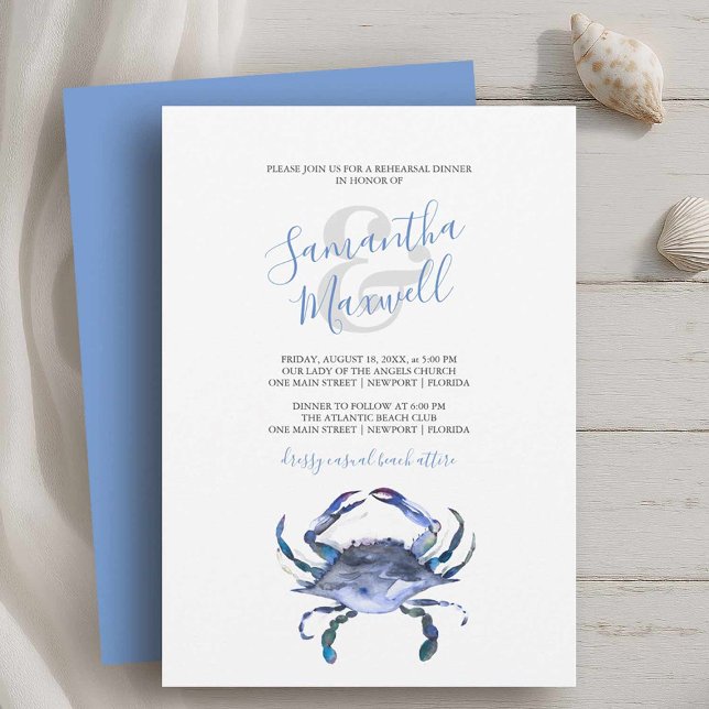 Invitaciones a la cena del ensayo de verano Cangre (classy rehearsal dinner invitations with blue crab on a white background printable or printed cards)