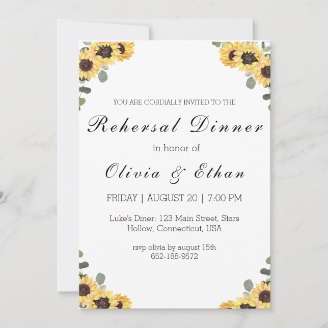 Invitaciones a la cena para el ensayo de girasol E (Anverso)