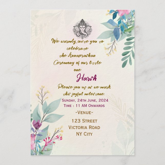 Invitaciones a la Ceremonia de Annaprashan  (Anverso)