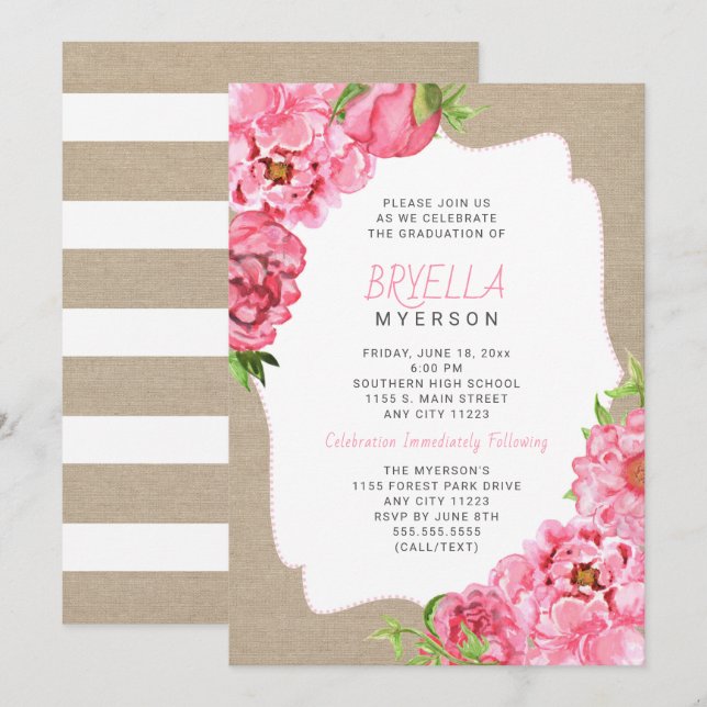 Invitaciones a la ceremonia de graduación con flor (Anverso / Reverso)