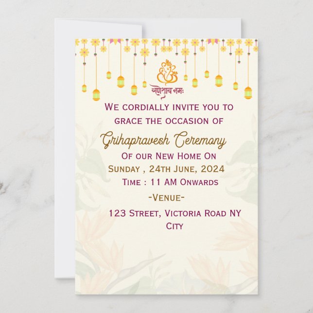 Invitaciones a la ceremonia de Grihapravesh (Anverso)