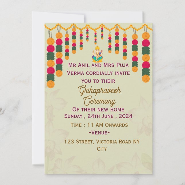 Invitaciones a la ceremonia de Grihapravesh (Anverso)