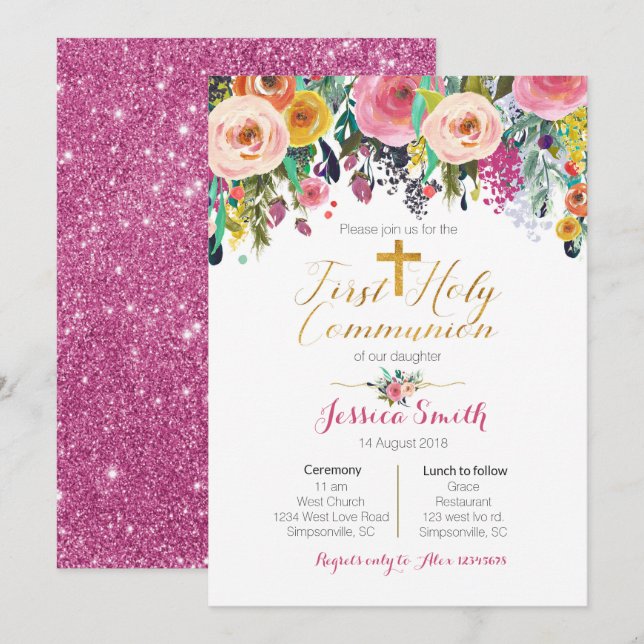 Invitaciones a la Comunión Santa Pink Purple First (Anverso / Reverso)