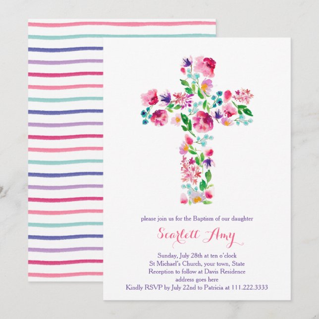 invitaciones a la cristiandad de acuarela, púrpura (Anverso / Reverso)