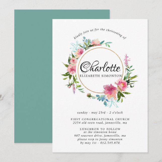 Invitaciones a la cristiandad por floral rosa y or (Anverso / Reverso)
