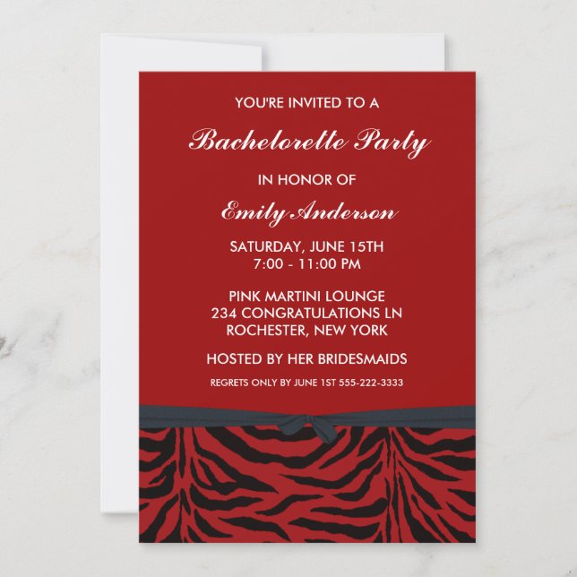 Invitaciones a la despedida de soltera de cebra ro (Anverso)