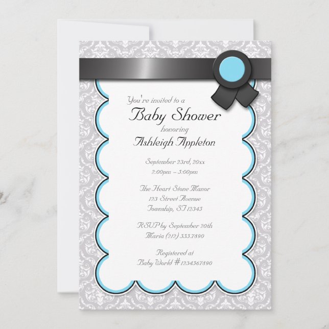 Invitaciones a la ducha Aqua Blue & Grey Damask Ba (Anverso)