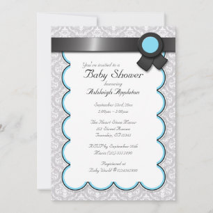 Invitaciones a la ducha Aqua Blue & Grey Damask Ba