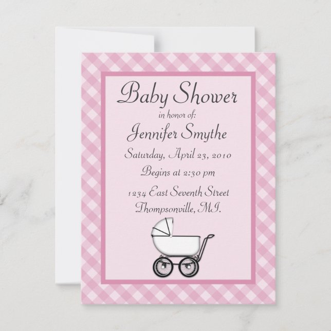 Invitaciones a la ducha bebé rosada de Gingham (Anverso)