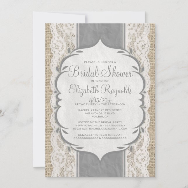 Invitaciones a la Ducha Bridal de Lino Gris Burlap (Anverso)