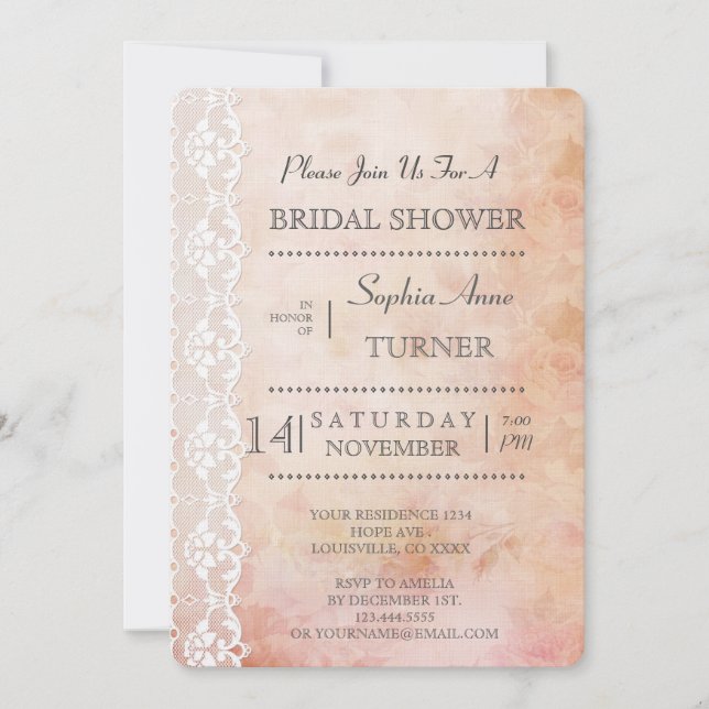 Invitaciones a la DUCHA BRIDAL de Rosa romántico y (Anverso)