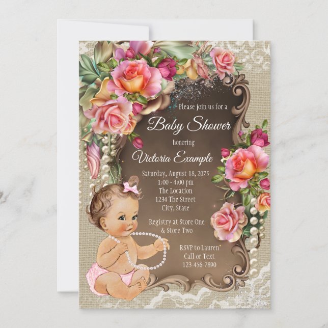 Invitaciones a la ducha Burlap Lace Pearl Rustic B (Anverso)