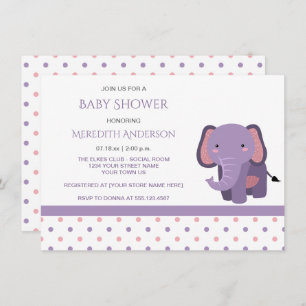 Invitaciones a la ducha con elefante rosa y morado