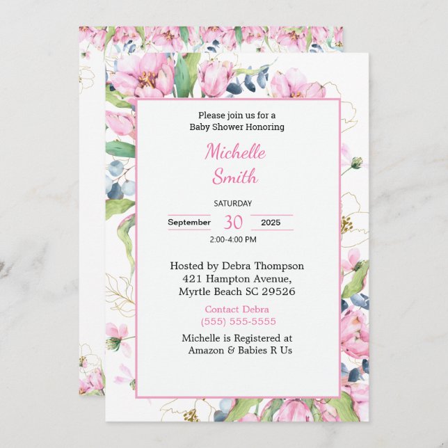 Invitaciones a la ducha con flores blancas rosadas (Anverso / Reverso)