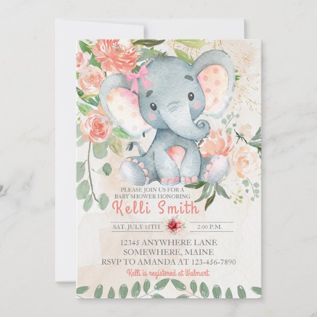 Invitaciones a la ducha con flores de elefante ros (Anverso)