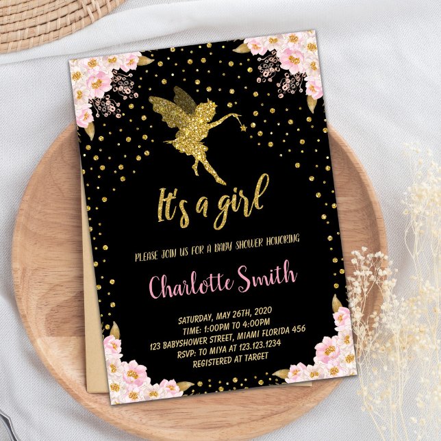 Invitaciones a la ducha con flores de hadas negras (Black Fairy Floral Baby Shower Invitations)