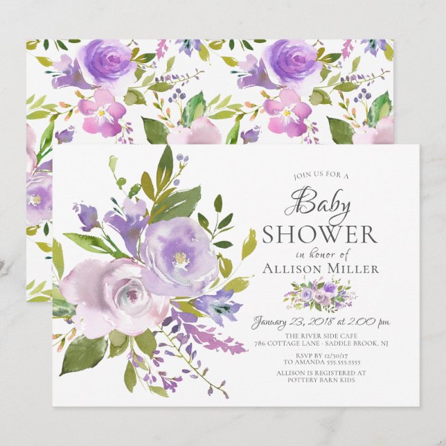 Invitaciones a la ducha con flores de morado de la (Anverso / Reverso)