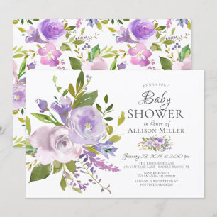 Invitaciones a la ducha con flores de morado de la
