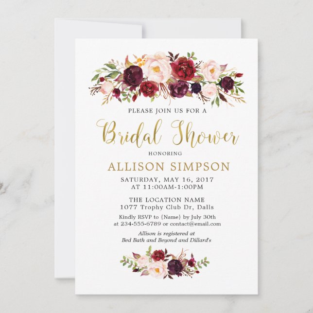 Invitaciones a la ducha con flores Gold Marsala (Anverso)