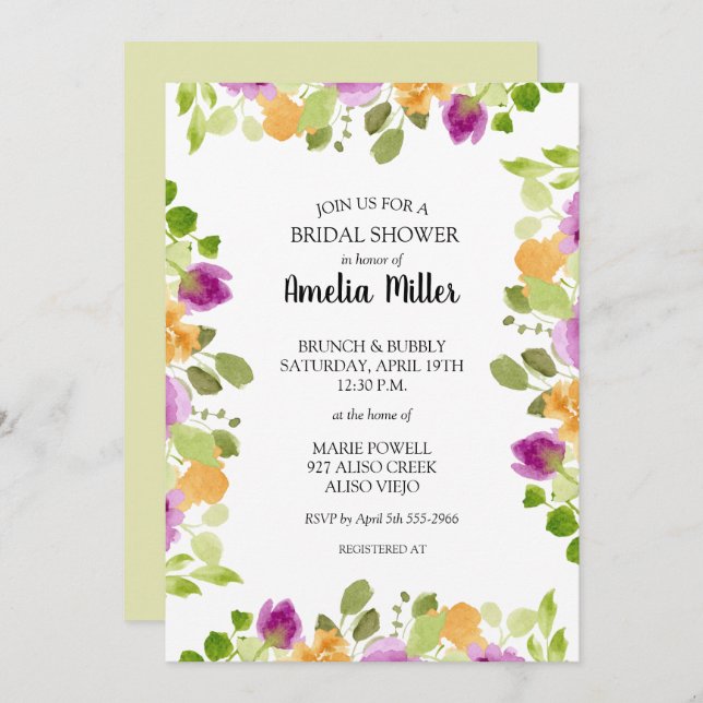Invitaciones a la ducha con flores moradas de moda (Anverso / Reverso)
