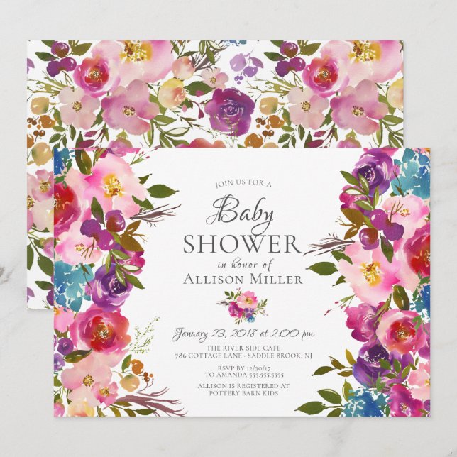 Invitaciones a la ducha con flores moradas rosadas (Anverso / Reverso)