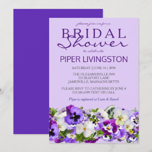 Invitaciones a la ducha con flores moradas y blanc