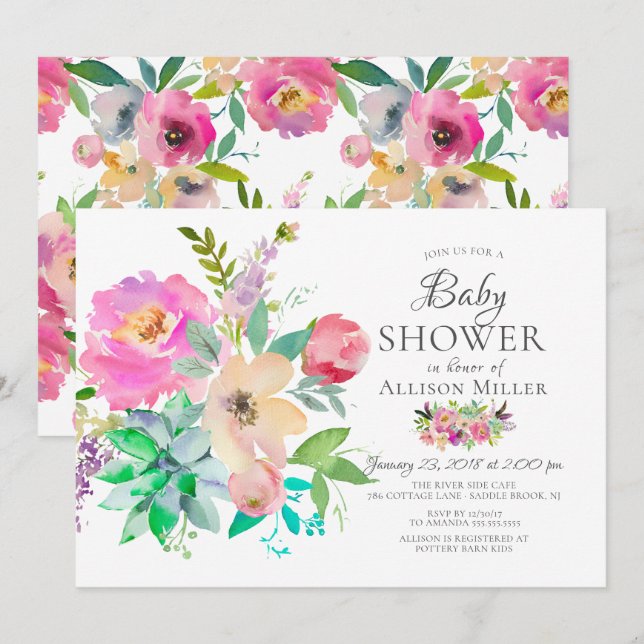 Invitaciones a la ducha con flores para los bebés (Anverso / Reverso)