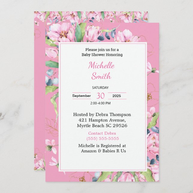 Invitaciones a la ducha con flores rosadas (Anverso / Reverso)