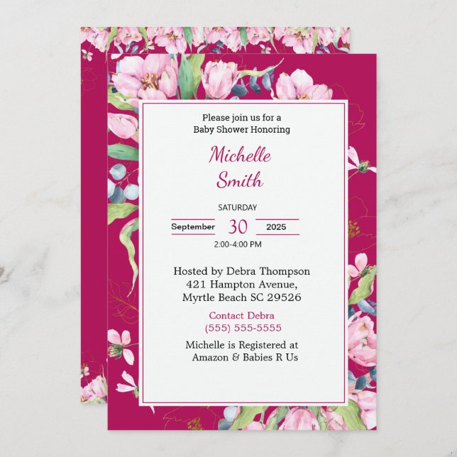 Invitaciones a la ducha con flores rosadas de Borg (Anverso / Reverso)