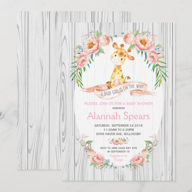 Invitaciones a la ducha con flores rosas y jirafas (Anverso / Reverso)