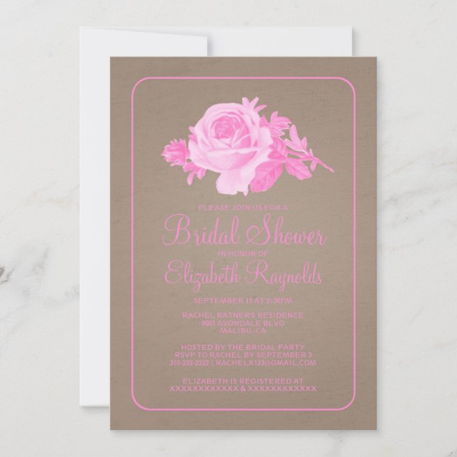Invitaciones a la ducha con flores rusticas rosada (Anverso)