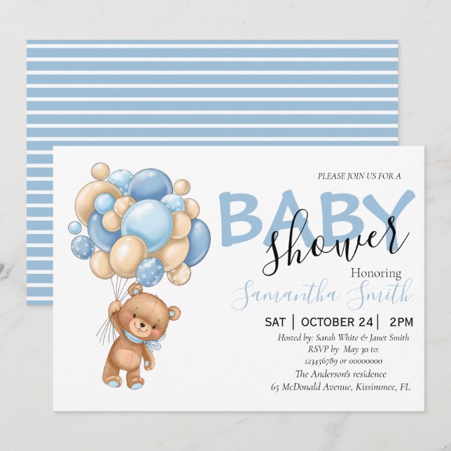 Invitaciones a la ducha con globo azul Teddy Bear  (Anverso / Reverso)